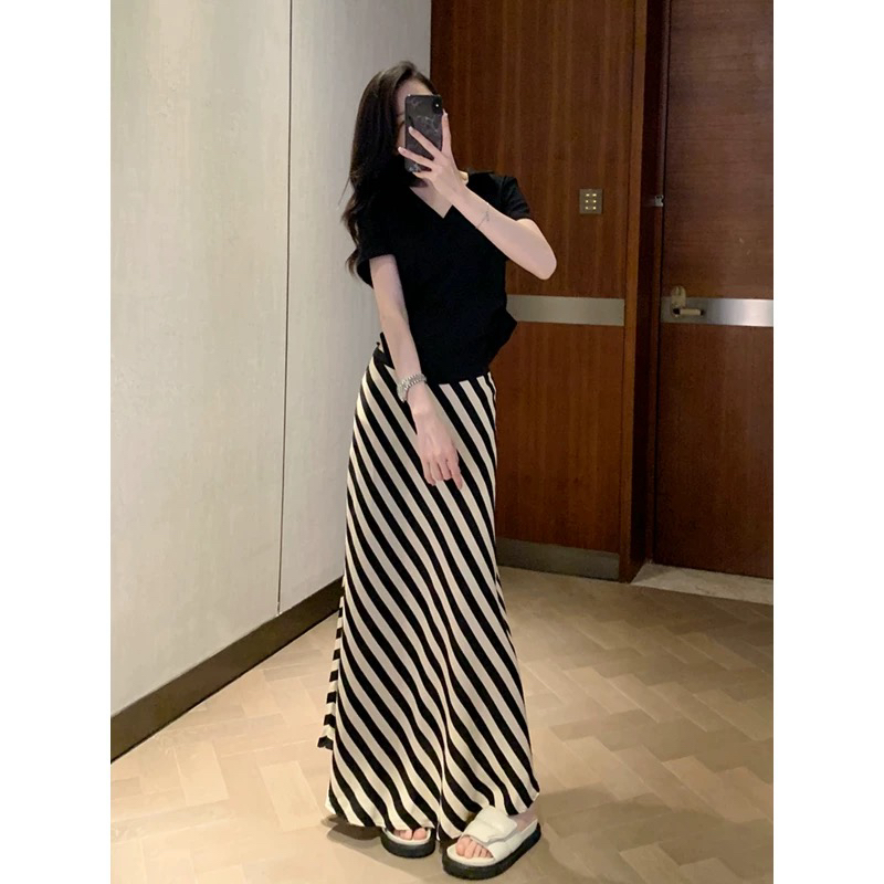 原单新款撞色条纹亚麻鱼尾女神半裙