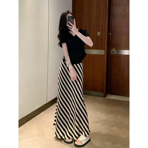 原单新款撞色条纹亚麻鱼尾女神半裙 商品图0