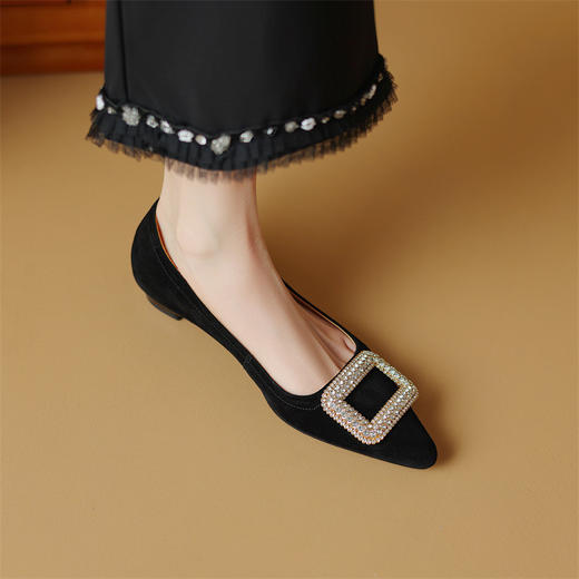 【预售7天】轻奢里外真皮经典水钻方扣单鞋欧美气质浅口低跟单鞋平底瓢鞋DB&M5813 商品图3