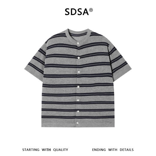 SDSA男装2026新款轻奢休闲百搭通勤复古条纹纽扣开衫短袖T恤 商品图0