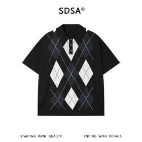 SDSA男装2026新款高贵轻奢复古菱形格针织半纽扣翻领短袖T恤百搭