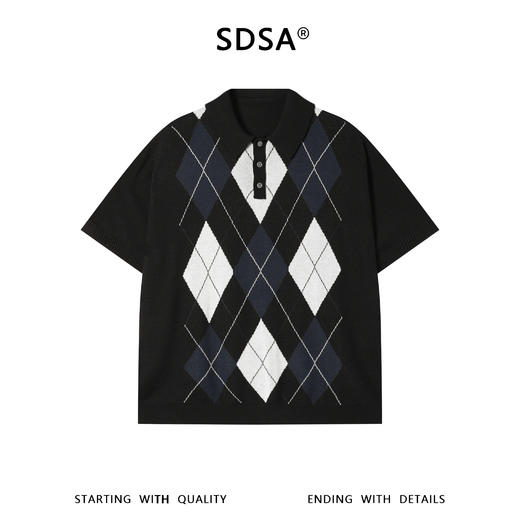 SDSA男装2026新款高贵轻奢复古菱形格针织半纽扣翻领短袖T恤百搭 商品图0