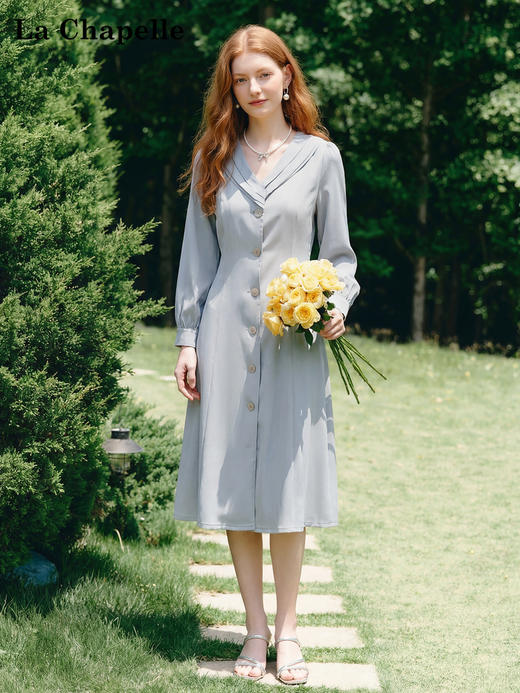 天猫同步【温柔赫本风】拉夏贝尔/La Chapelle气质高级~复古通勤不规则百褶V领长款连衣裙 商品图3