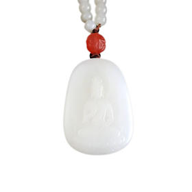 【天然正品】天然精品无杂裂新疆料观音牌和田玉（平安、吉祥）吊坠配约5*6MM桶珠和田玉项链 项链：56CM 280326HS18