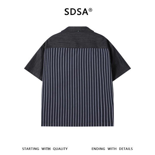 SDSA男装2026新款高贵轻奢牛仔拼接条纹短袖衬衫美式复古宽松衬衣 商品图4