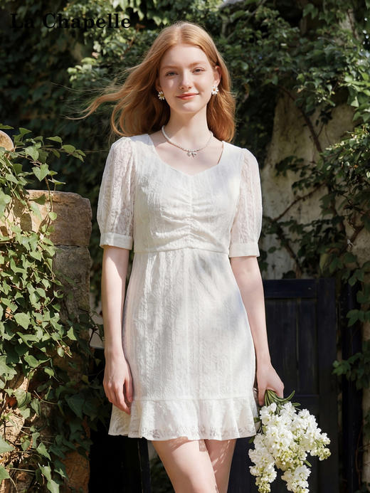 天猫同步【初恋女神】拉夏贝尔/La Chapelle收腰显瘦~复古修身桃心领连衣裙小个子短款高级感裙子 商品图0