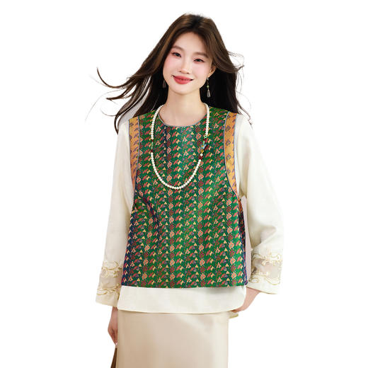 新中式减龄百搭圆领撞色马甲+刺绣衬衫打底两件套 商品图4
