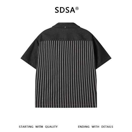 SDSA男装2026新款高贵轻奢牛仔拼接条纹短袖衬衫美式复古宽松衬衣 商品图1