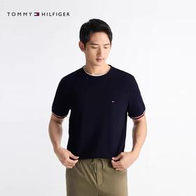 TOMMY美式经典提花扁机袖口+180g丝光珠地面料撞色短袖T恤