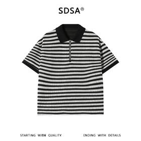 SDSA男装2026新款高贵轻奢松弛感撞色条纹半拉链翻领短袖T恤百搭