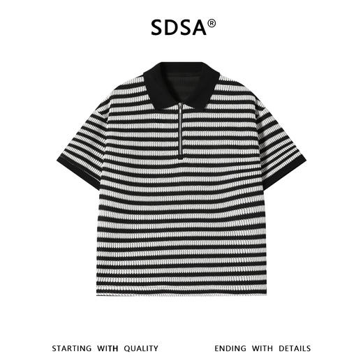 SDSA男装2026新款高贵轻奢松弛感撞色条纹半拉链翻领短袖T恤百搭 商品图0