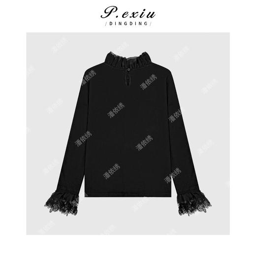 04-4潘依绣丁丁宠粉法式优雅气质设计感拼接花边袖立领显瘦长袖上衣Q56642 商品图1