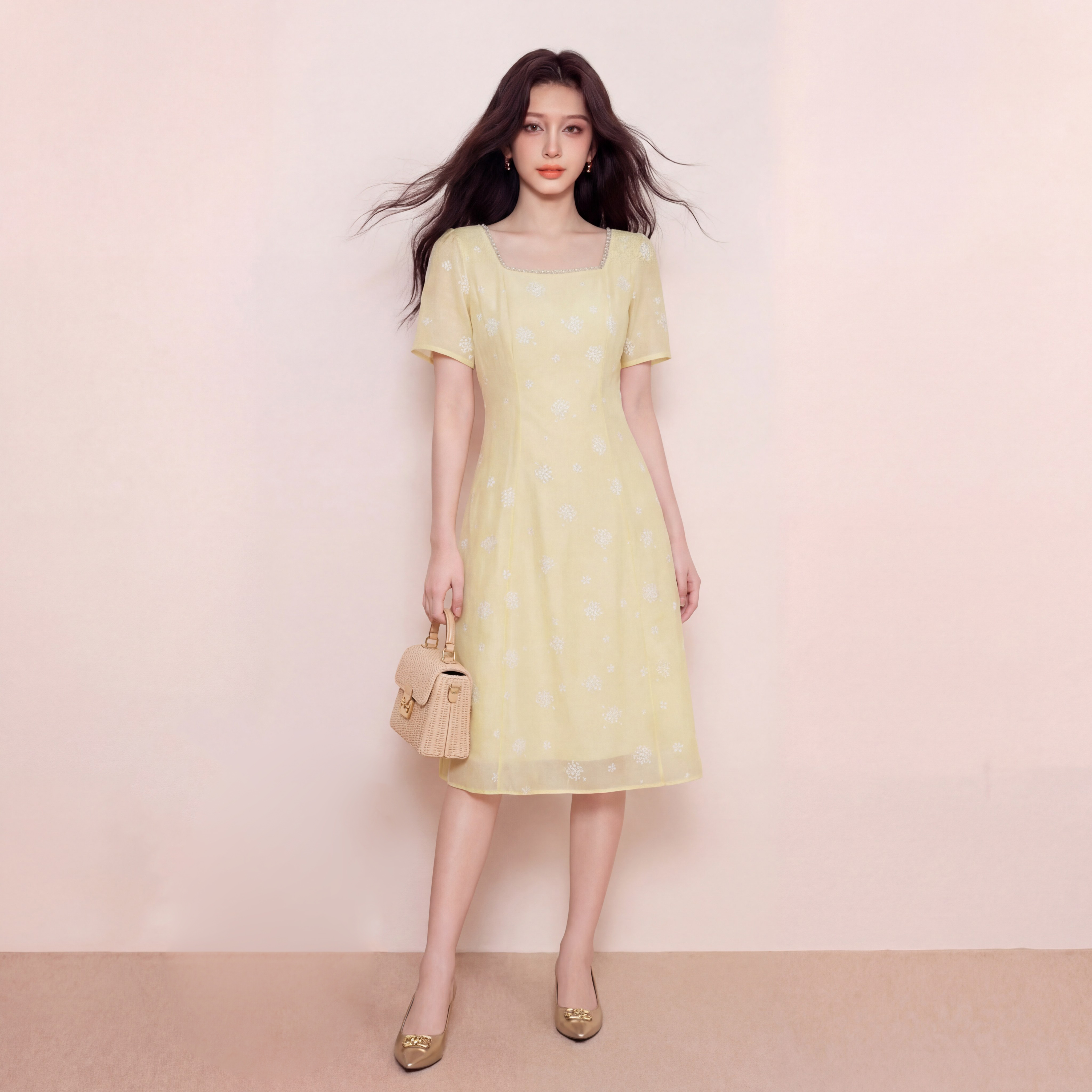 奢姿大码女装2026夏季减龄刺绣钉珠方领连衣裙胖妹妹时尚甜美裙子9962872079