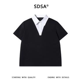 SDSA男装2026新款轻奢撞色假两件翻领V领短袖T恤宽松通勤休闲上衣