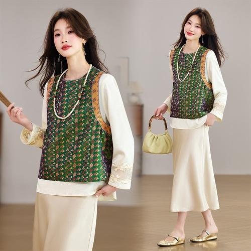 新中式减龄百搭圆领撞色马甲+刺绣衬衫打底两件套 商品图1