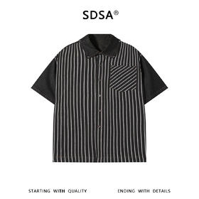 SDSA男装2026新款高贵轻奢牛仔拼接条纹短袖衬衫美式复古宽松衬衣