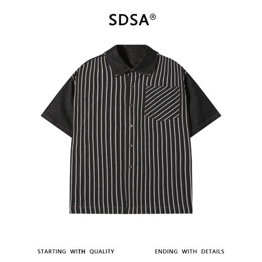 SDSA男装2026新款高贵轻奢牛仔拼接条纹短袖衬衫美式复古宽松衬衣 商品图0
