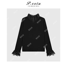 04-4潘依绣丁丁宠粉法式优雅气质设计感拼接花边袖立领显瘦长袖上衣Q56642