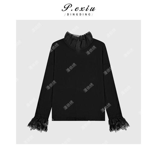 04-4潘依绣丁丁宠粉法式优雅气质设计感拼接花边袖立领显瘦长袖上衣Q56642 商品图0