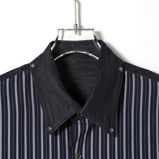 SDSA男装2026新款高贵轻奢牛仔拼接条纹短袖衬衫美式复古宽松衬衣 商品图1