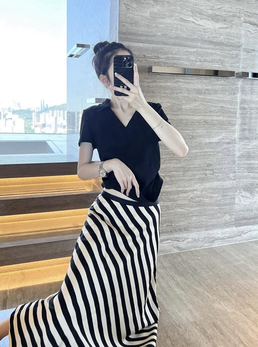 原单新款撞色条纹亚麻鱼尾女神半裙 商品图1