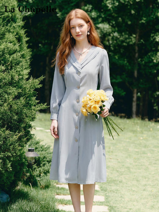 天猫同步【温柔赫本风】拉夏贝尔/La Chapelle气质高级~复古通勤不规则百褶V领长款连衣裙 商品图0