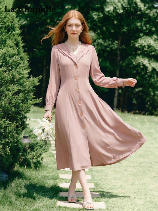 天猫同步【温柔赫本风】拉夏贝尔/La Chapelle气质高级~复古通勤不规则百褶V领长款连衣裙 商品图1