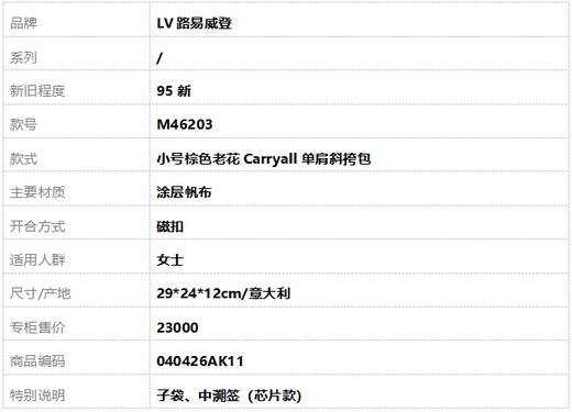 【95新】LV路易威登M46203小号棕色老花Carryall单肩斜挎包女士040426AK11 商品图9