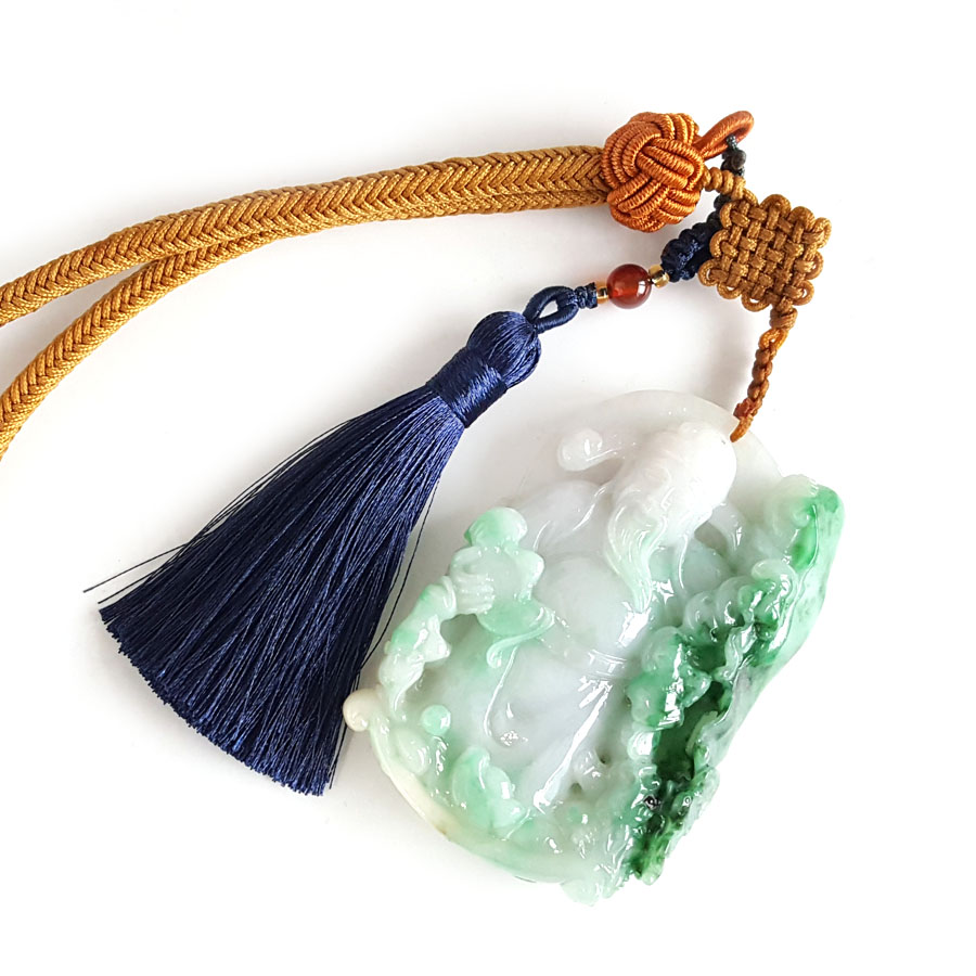 【天然正品】A货翡翠天然细腻细豆种飘绿花财神造型（招财纳福）翡翠吊坠手把件70.5*49.5*13.8MM（皆取最大值）220326TJ11