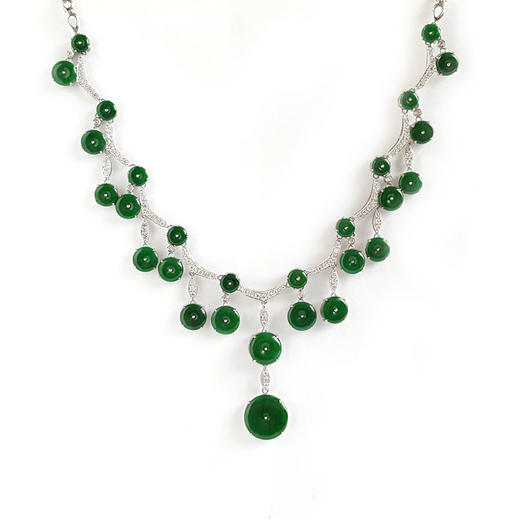 【天然正品】A货翡翠AU750收藏级白金豪镶钻群镶奢华款天然细腻糯冰种满绿平安扣造型翡翠项链 链长：46CM（长度可调节）060426NJM31 商品图0