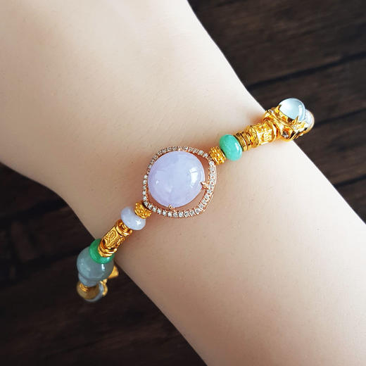 【天然正品】A货翡翠AU750收藏级双色金镶钻镶天然细腻糯冰种紫罗兰蛋面翡翠配足金盘缠福禄寿算盘珠翡翠手链 链长：19CM（长度可调节）010426NJT11 商品图6