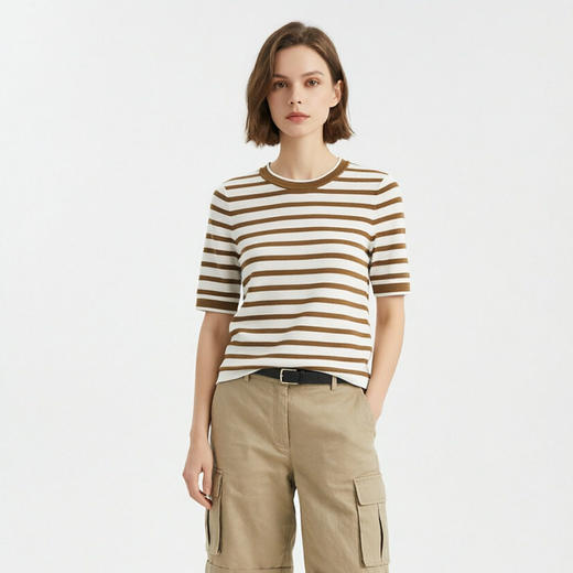 「自」全新升级【铂金会员183/天猫239/差价56】(14157)洛诗琳高级感天丝条纹短袖2026夏季新款圆领显瘦针织T恤女 商品图2