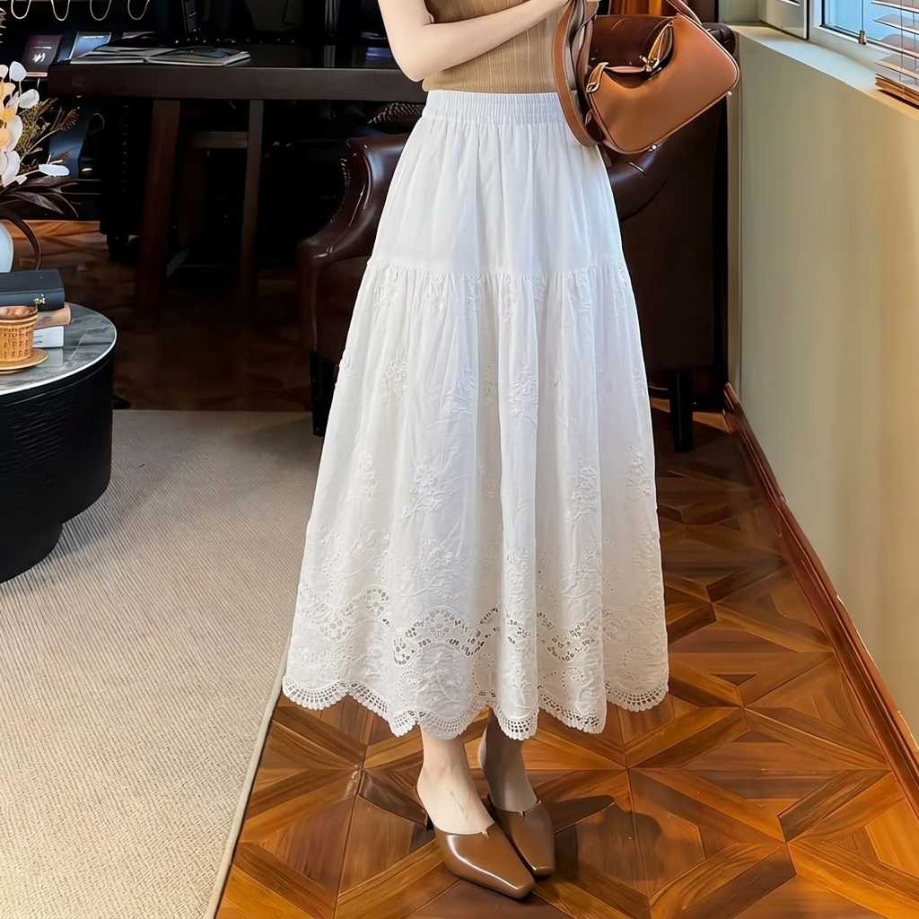 春天绝配~重工镂空刺绣100%棉松紧腰半身裙女法式中长裙