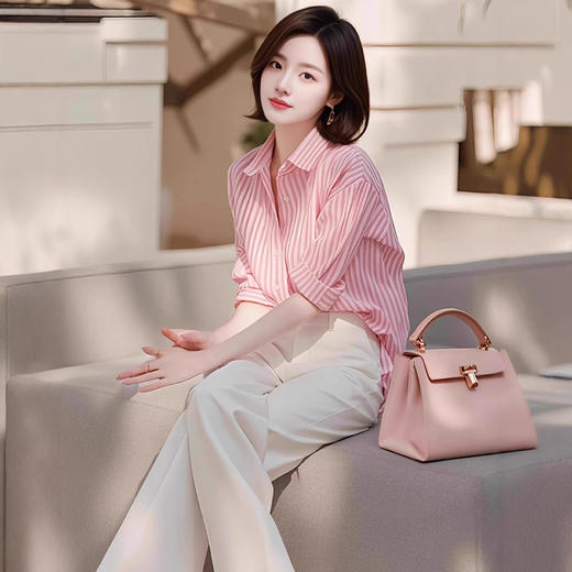 小众设计感气质御姐两件套，时髦减龄条纹衬衫长裤套装 商品图1