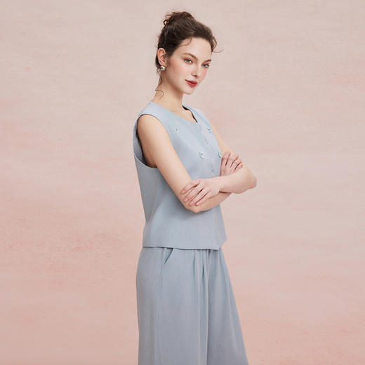 RF403斯尔丽26新款老钱亚麻手工钉珠无袖马甲搭阔腿裤套装 商品图4