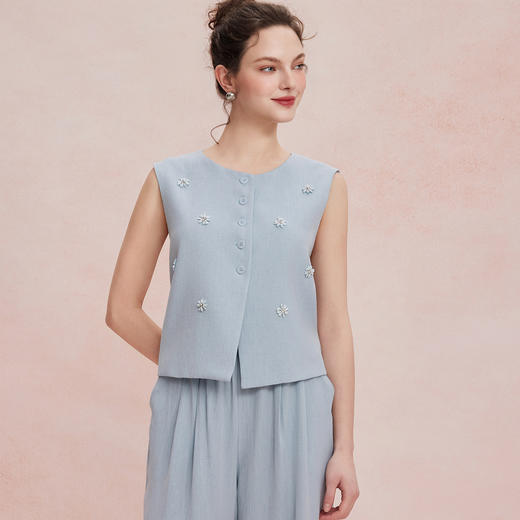 RF403斯尔丽26新款老钱亚麻手工钉珠无袖马甲搭阔腿裤套装 商品图3