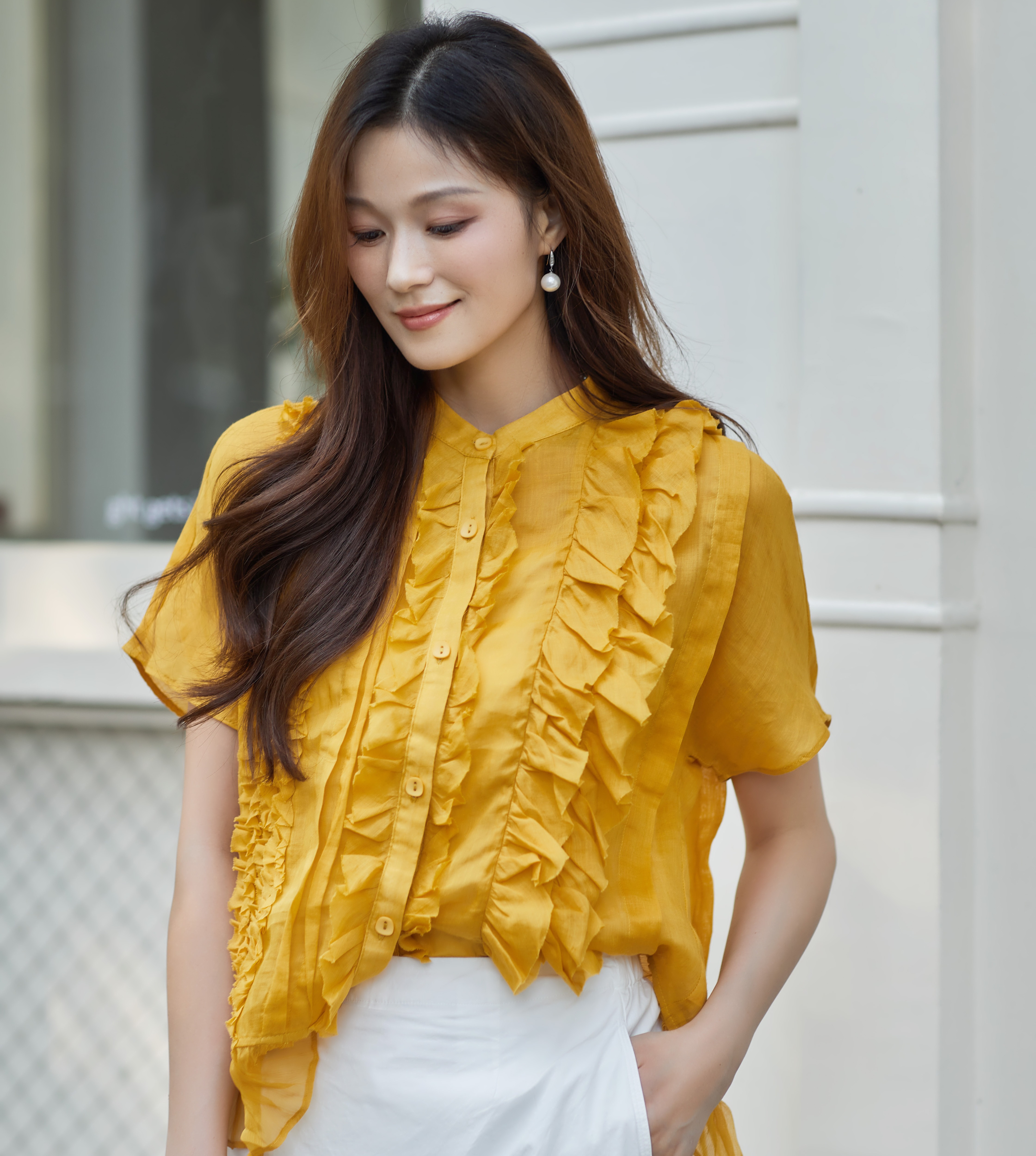 【林栖设计小店】荷影轻曳|苎麻优雅多色荷叶边夏新款花边衬衫上衣1962014