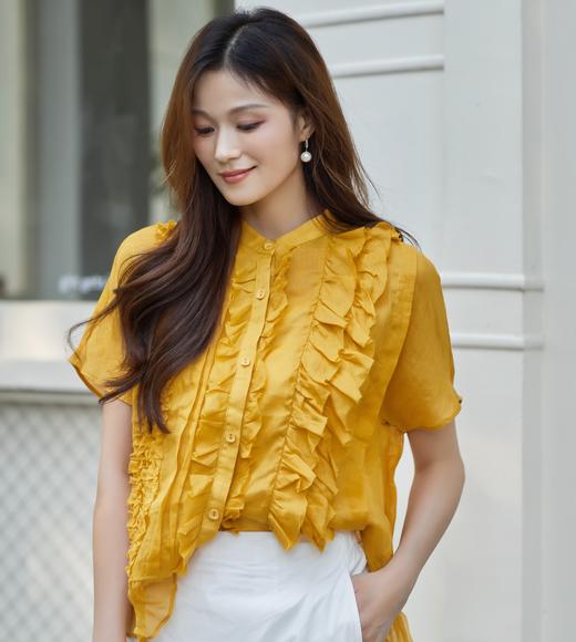 【林栖设计小店】荷影轻曳|苎麻优雅多色荷叶边夏新款花边衬衫上衣1962014 商品图0