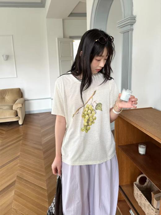 nothe Case布然/NC261233/「麻结葡萄」棉麻混纺 绿葡萄印花短袖宽松轻薄软糯T恤 商品图1