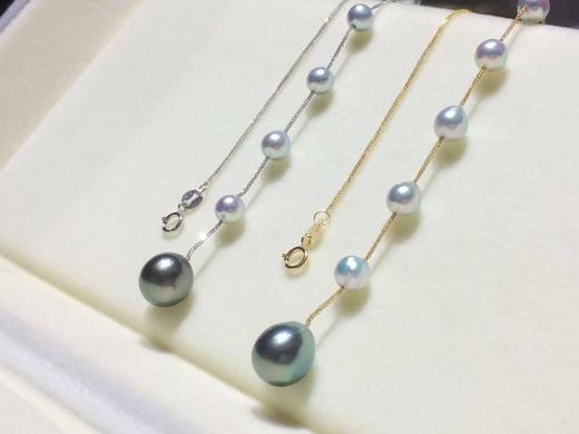 6.【酷夏】
18K金彩珍珠项链，5-6mmAKOYA珠，8-9mm黑珍珠，水滴/椭圆，微瑕，珠光超亮 约45cm前面可调节 商品图3