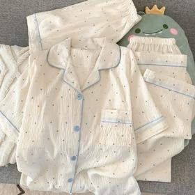 【显瘦不勒肉！亲肤不扎】奶乎乎睡衣女春夏季云朵纯棉绸棉纱短袖可爱大码宽松家居服三件套。xb