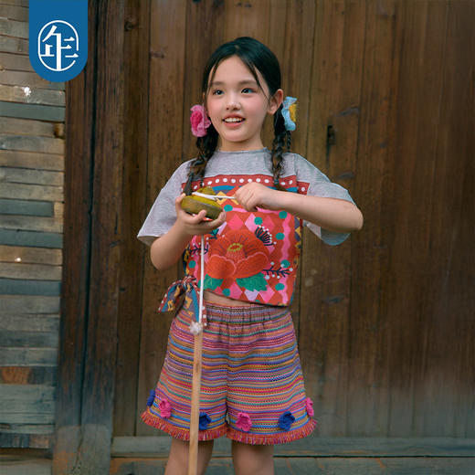 年衣童装儿童短袖T恤女童夏新款民族风凉感女孩印花撞色圆领上衣 商品图1