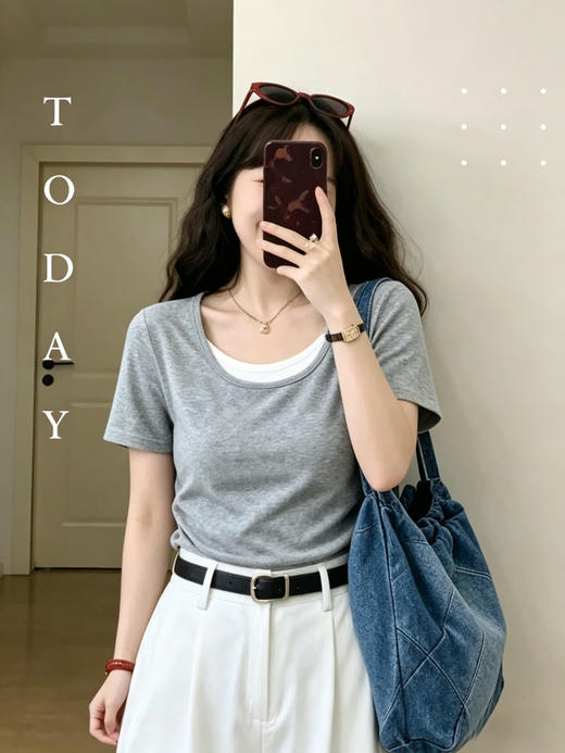 【百图lulu定制】【层次感T恤】假两件 腰部收褶 柔软舒适 弹力短袖T恤 商品图9