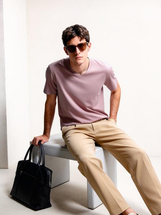 官网599！爱家男士120支莫代尔棉随心裁V领T恤男 高弹无痕短袖 打底衫家居服睡衣 商品图3