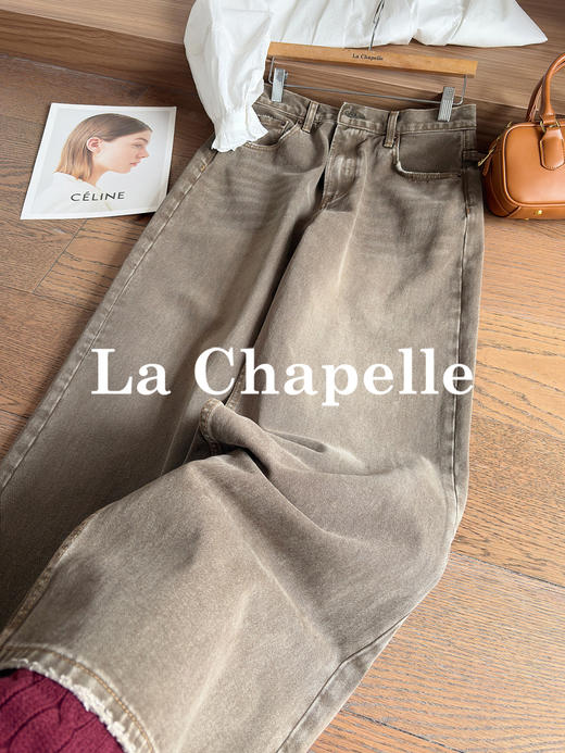 专柜实拍【摩卡美拉德】拉夏贝尔/La Chapelle复古色系高腰单扣后皮标做旧款猫须设计全棉直筒牛仔裤 商品图11