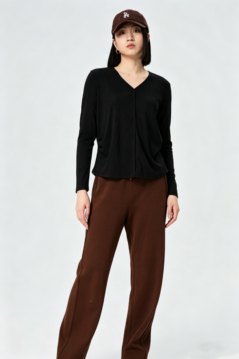 水淼2026春新款高弹V领打底衫1371