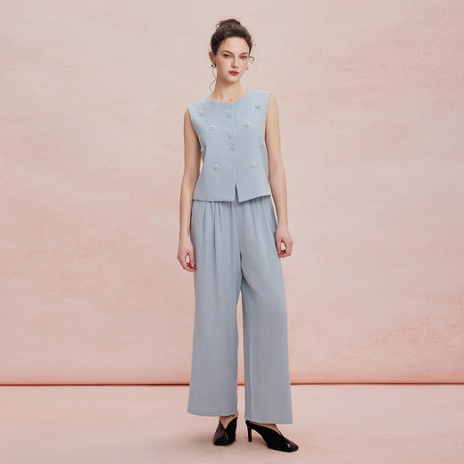 RF403斯尔丽26新款老钱亚麻手工钉珠无袖马甲搭阔腿裤套装 商品图0