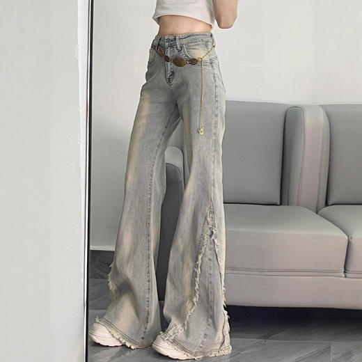 【立体裁剪显瘦、收腰贴合腰线】大码女装毛边设计感水洗做旧牛仔裤女胖mm高街辣妹女裤学生喇叭裤.TA 商品图3