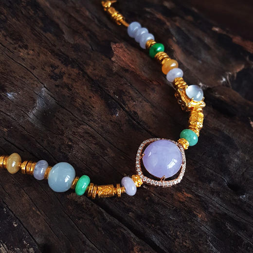 【天然正品】A货翡翠AU750收藏级双色金镶钻镶天然细腻糯冰种紫罗兰蛋面翡翠配足金盘缠福禄寿算盘珠翡翠手链 链长：19CM（长度可调节）010426NJT11 商品图4