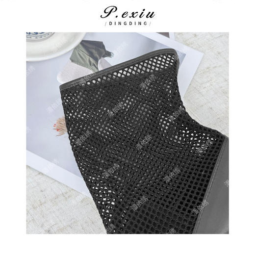 PanYiXiu/潘依绣牛皮拼接网面镂空瘦瘦靴时髦高级尖头短靴 TB25018 商品图2